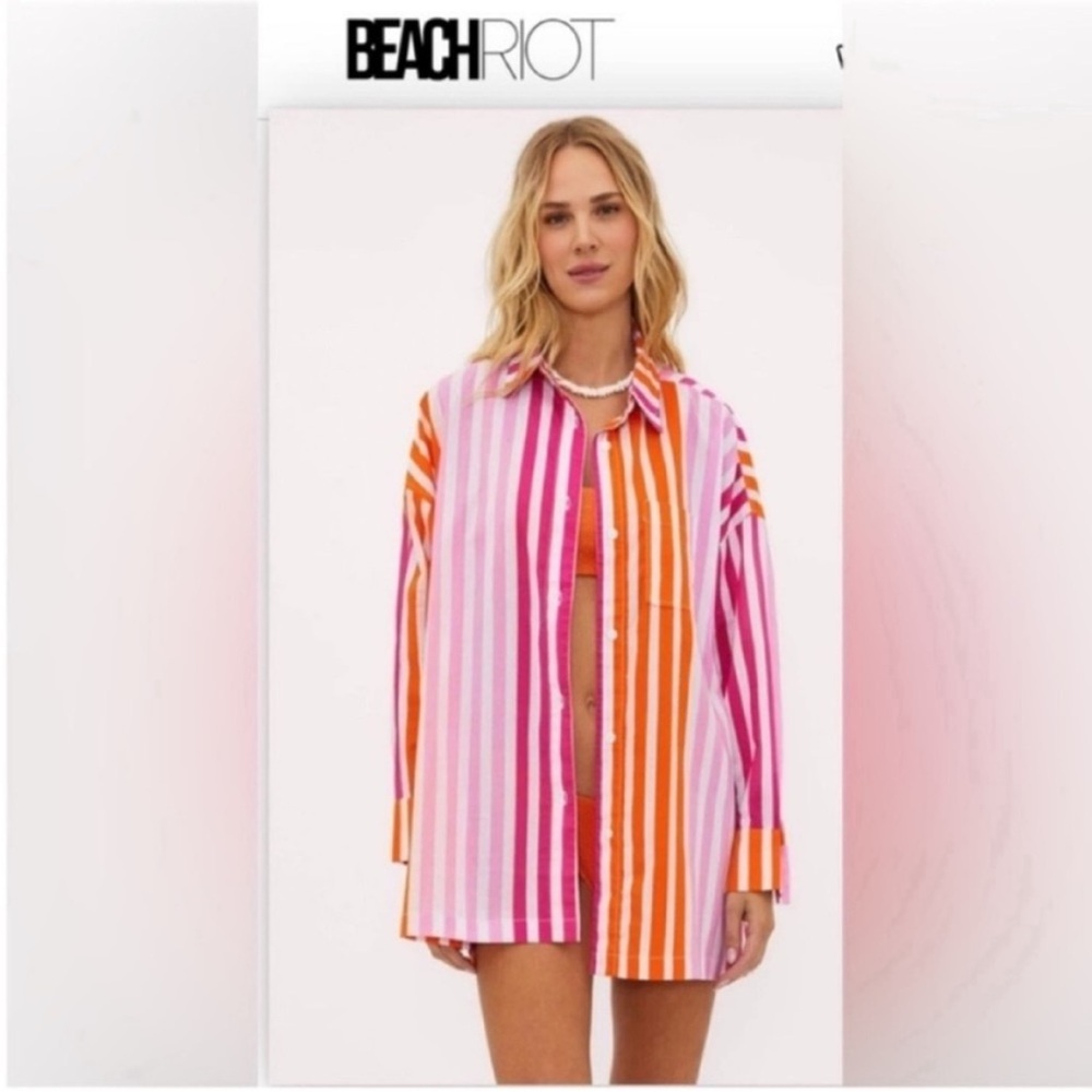 Beach Riot Alexa Pink & Orange Striped Button-Up Shirt Cover Up L/P
